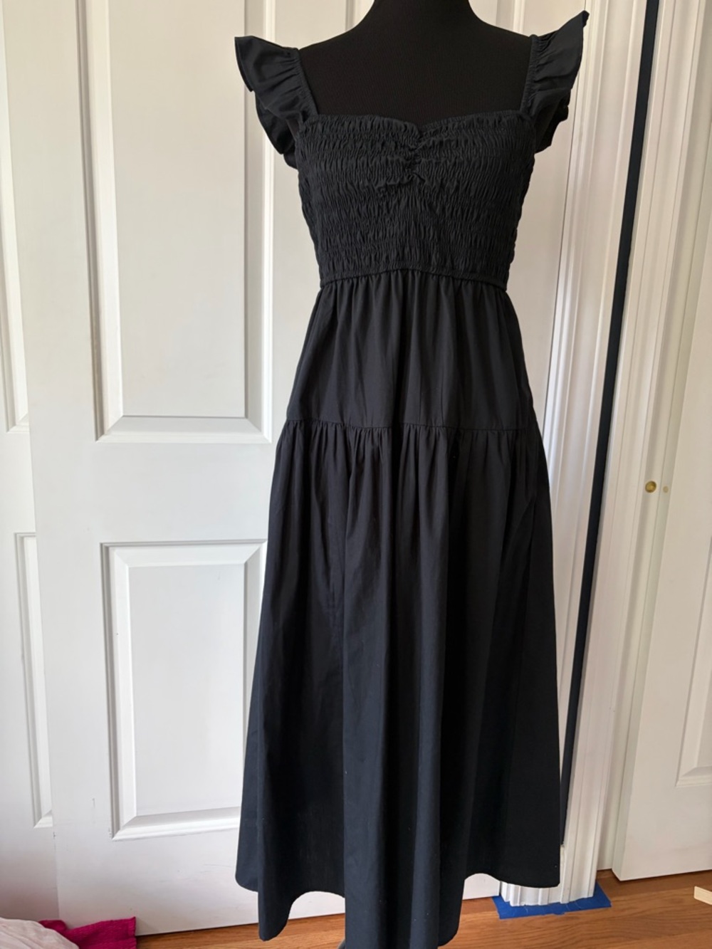 Abercrombie & Fitch Black Smocked Midi Dress with Ruffle Straps Medium Tall